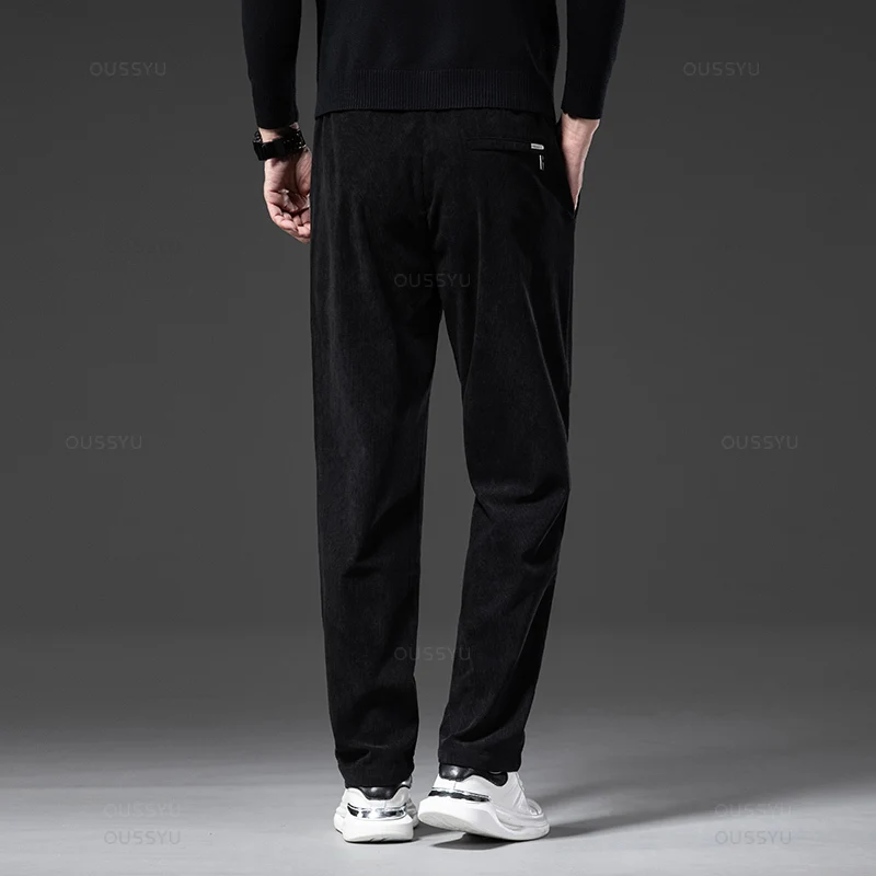 Four Seasons Men\'s Corduroy Casual Pants Elastic Waist Business Fashion Straight Loose Trousers Male Black Khaki Blue M-5XL