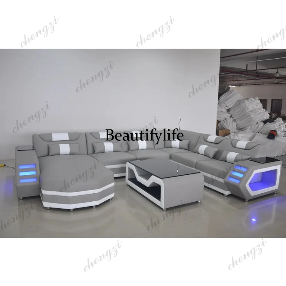 Luxury Italy Design Sectional Sofa Bed Modern LED Living Room Furniture Genuine Leather Sofas Sets