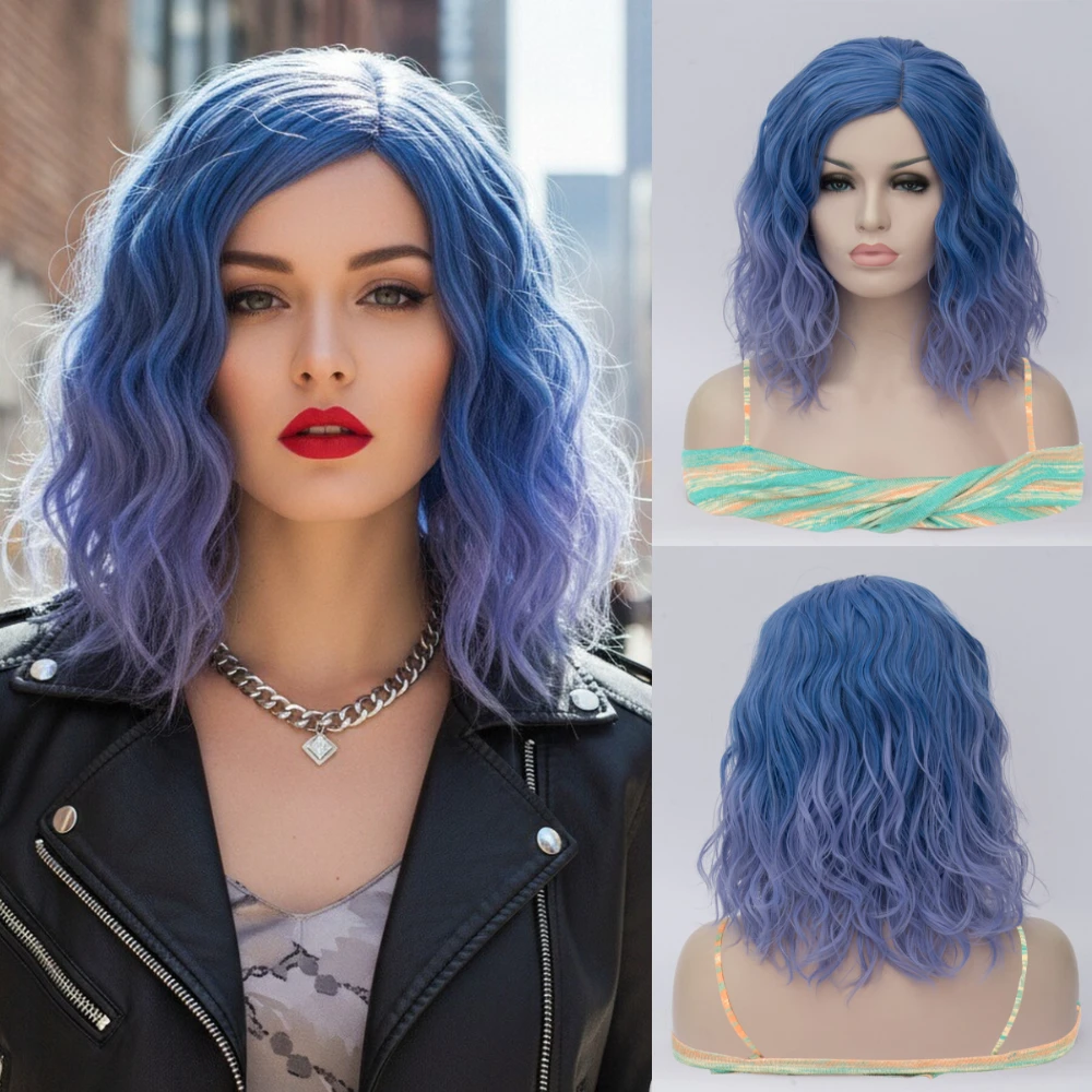 Women's Blue Gradient Cosplay Party Wig Short Curly Synthetic Middle Part Daily Wear High Temperature Fiber for Christmas