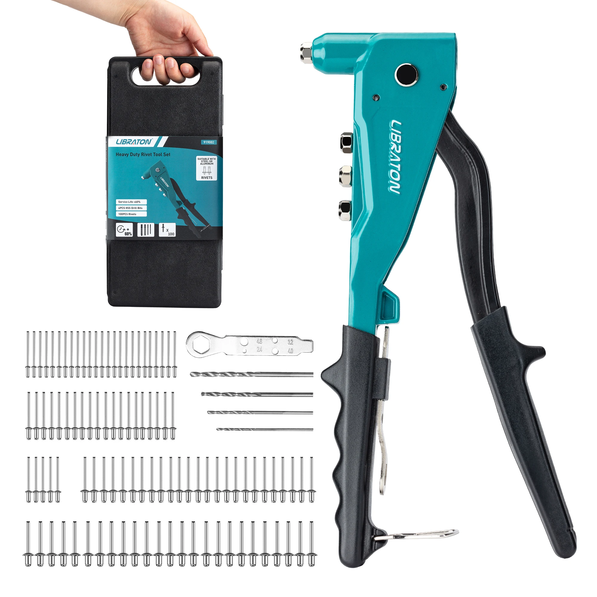 Libraton Heavy Duty Rivet Gun, Robust Professional Riveter, Pop Rivet Gun Set, Manual Riveting Tool for Metal, Wooden, Plastic