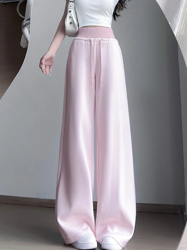 المرأة عادية فضفاض Sweatpants خمر الكورية عالية الخصر الدانتيل يصل بنطلون مستقيم خريف جديد أنثى بسيطة الصلبة بنطال ذو قصة أرجل واسعة