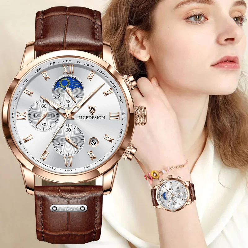 LIGE Women Watch Luxury Leather Waterproof Sport Quartz Wristwatch Fashion 24 hour Moon Phase Watch For Women Relogios Feminino