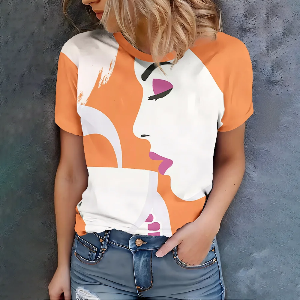 

Female personality elegant summer hot selling short sleeved top women's street casual 3D printed artistic face pattern T-shirt