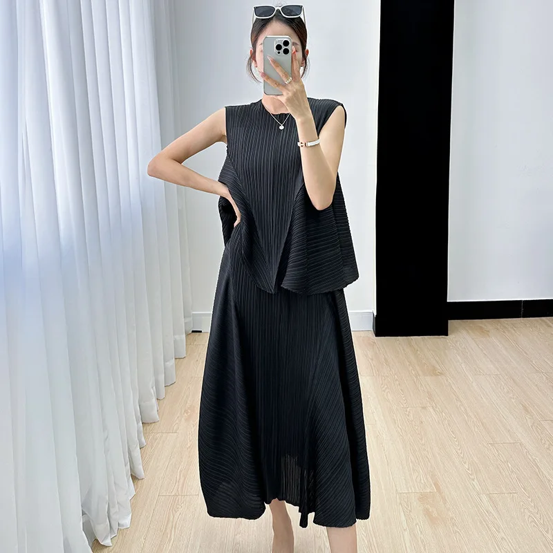 

Miyake suit female summer 2023thin high-end gentle temperament sleeveless pleated top+loose skirt two piece sets womens outifits