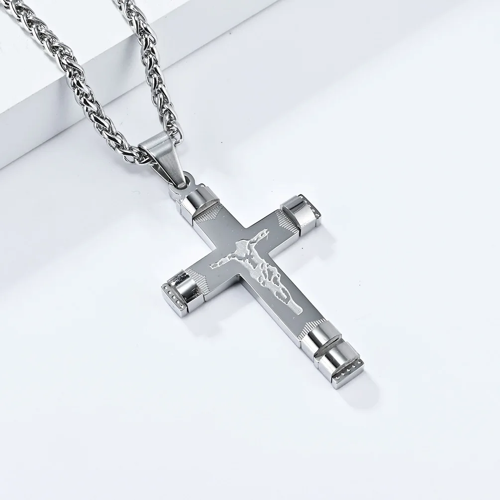 High-Quality Stainless Steel Catholicism Jesus Cross Pendant Necklace, Christian Religious Jewelry for Men