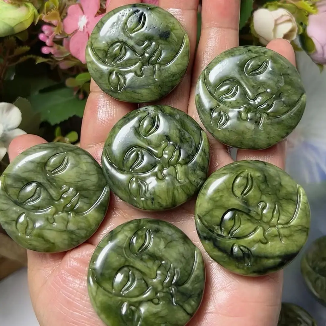 10pcs Sun And Moon Face Natural Serpentine Jasper Crystals Healing Hand Carved Plam Gemstone Witchcraft Supplies DIY Necklace