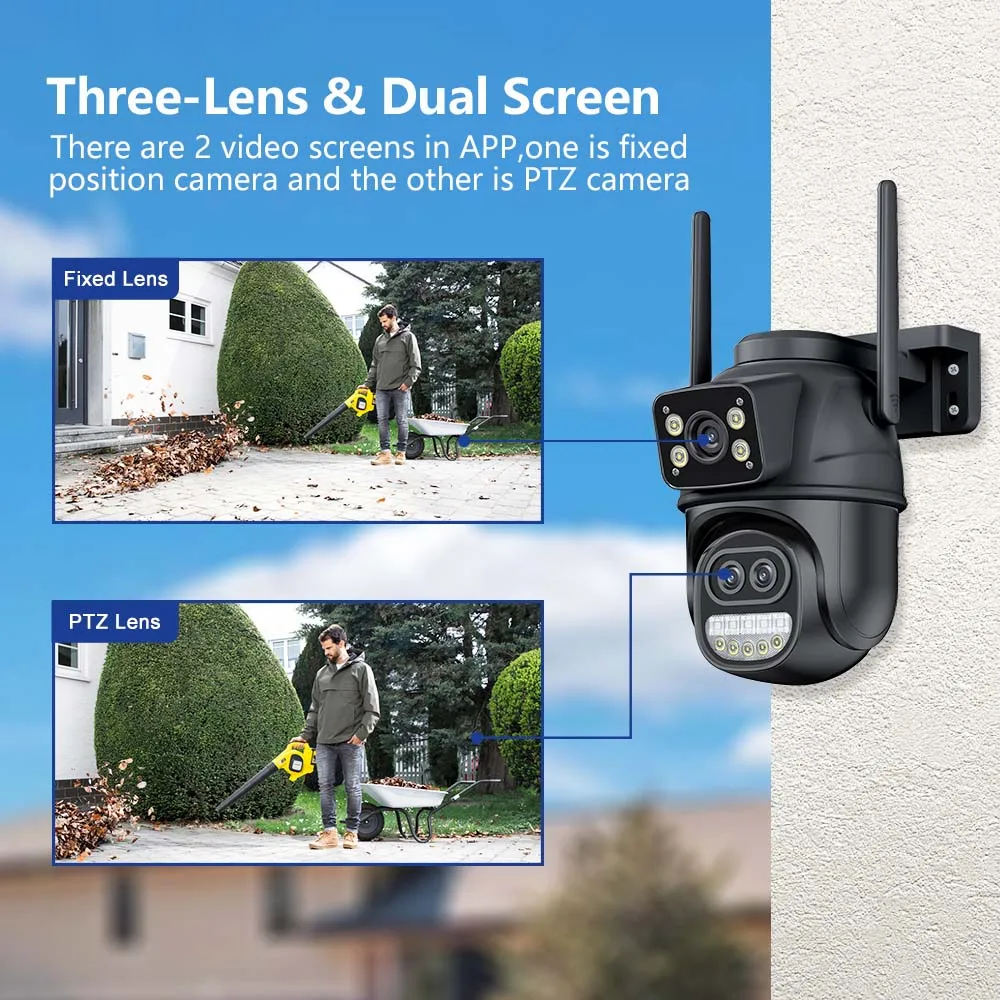 12MP 6K WiFi IP Camera Outdoor Three Lens Dual Screens 8X Zoom CCTV PTZ Video Cam Auto Tracking Security Protection Surveillance