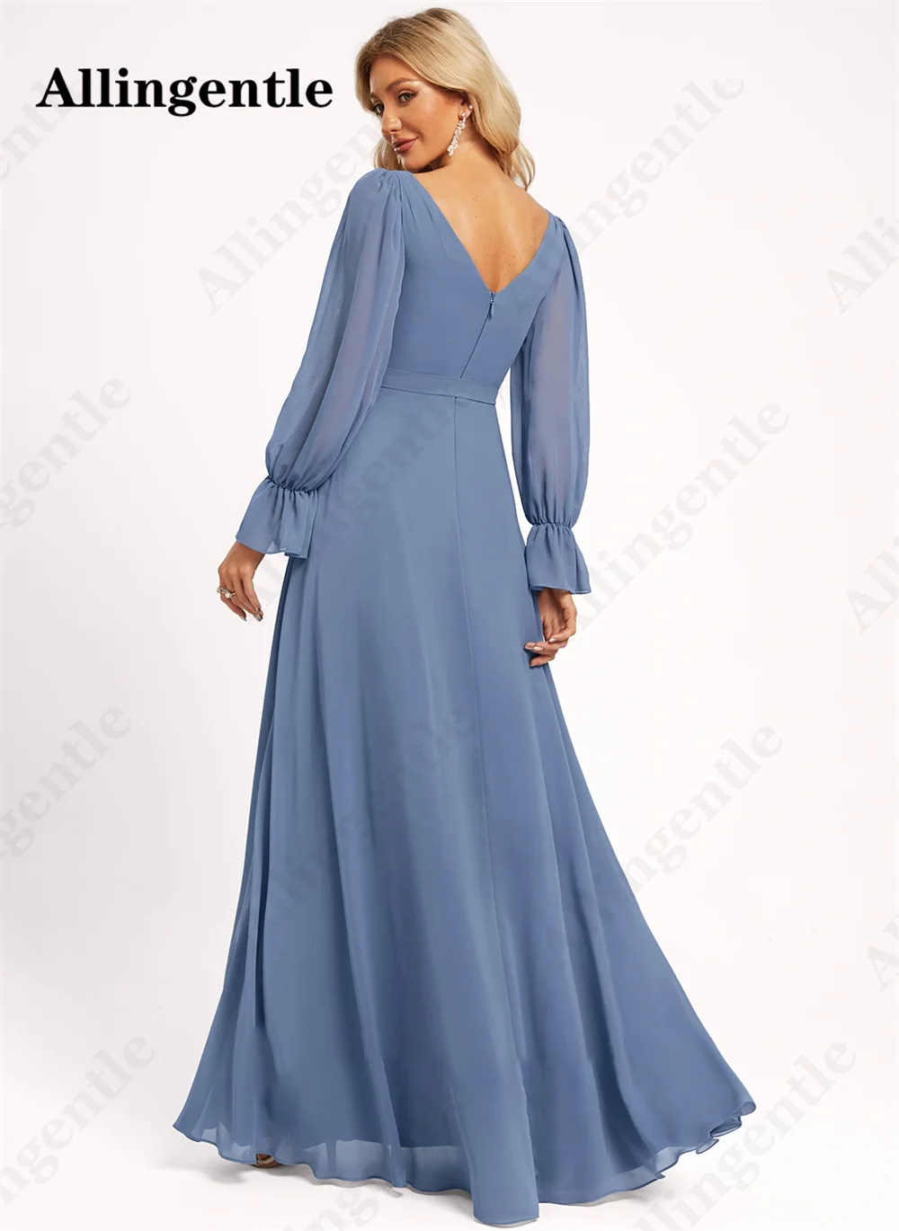 Allingentle-V-Neck Full Sleeve Vestidos de dama de honra, Chiffon A Line Evening Gown, Ruffles Slit, Floor Length, Elegant Wedding Dress