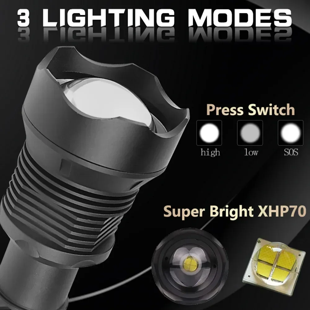 USB wiederaufladbare, superhelle LED-Taschenlampe, XHP70.2, taktische Zoomlampe mit 18650- oder 26650-Akku für Camping – Detail 12