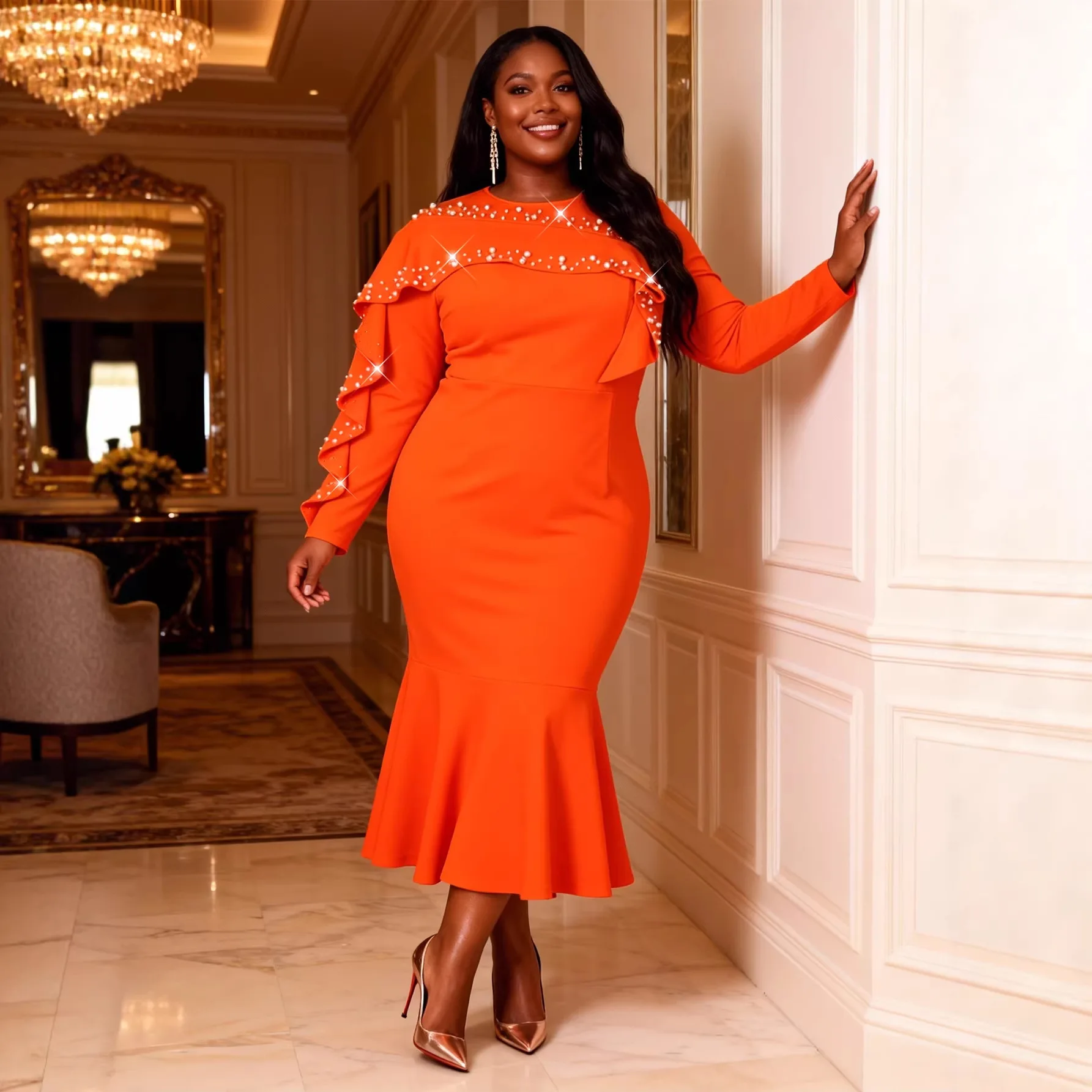 

Plus-size Women's Beaded Ruffle Dress, Long-sleeved, Waist-cinching, Slimming, Elegant Party Gown, Fishtail Dress Casual Y2K