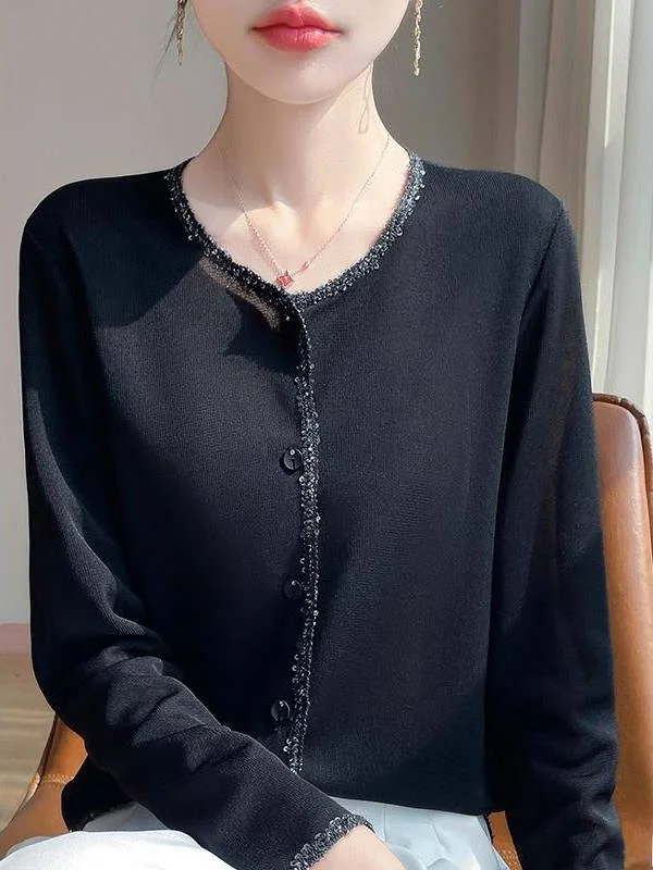 

Весенний тонкий кардиган из ледяного шелка для женщин, модный, с алмазным термотрансферным принтом, верхняя одежда с длинными рукавами, круглым вырезом и пуговицами