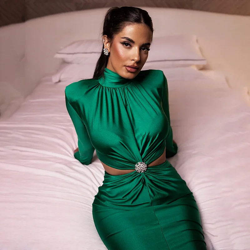 

Elegant Hollow Out Sexy Maxi Dress For Women Autumn Winter New Turtleneck Long Sleeve Bodycon Club Party Evening Dress