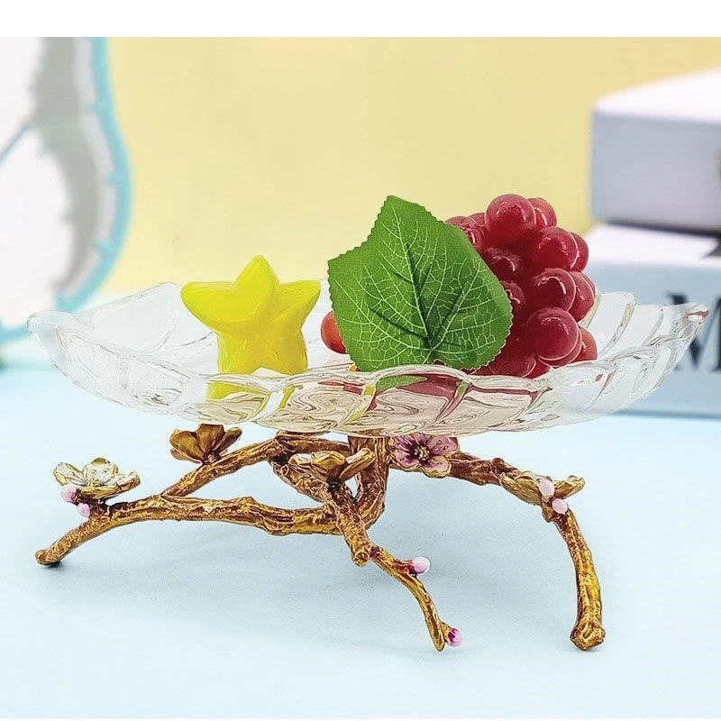 Golden Branch Bracket Fruit Plate Transparent Tray Glass Bowl Tea Table Vegetable Gilded Branches Storage Basket