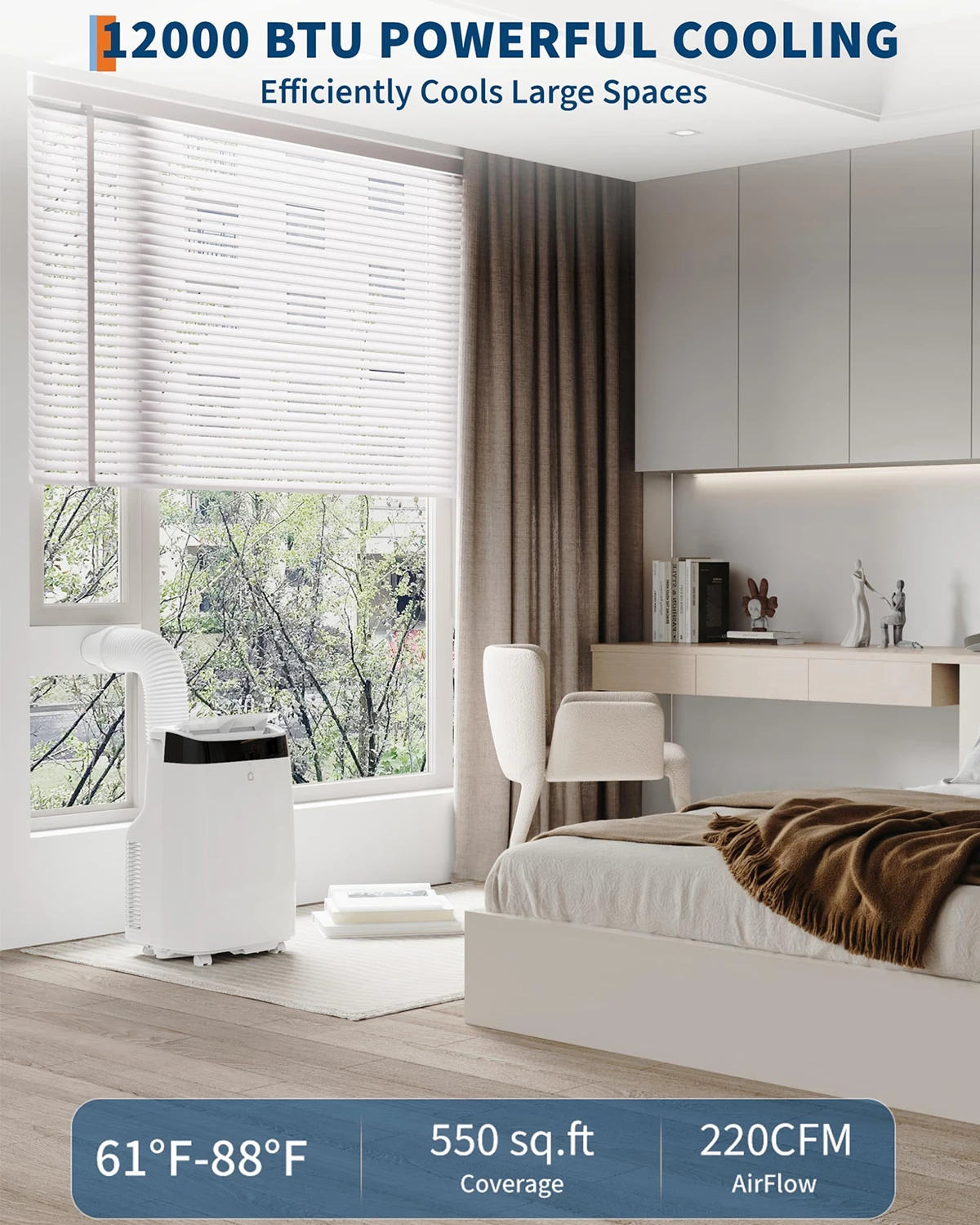 

Портативный кондиционер 12000 BTU 4-в-1 для помещений площадью до 550 кв. футов с пультом дистанционного управления и комплектом для установки на окно