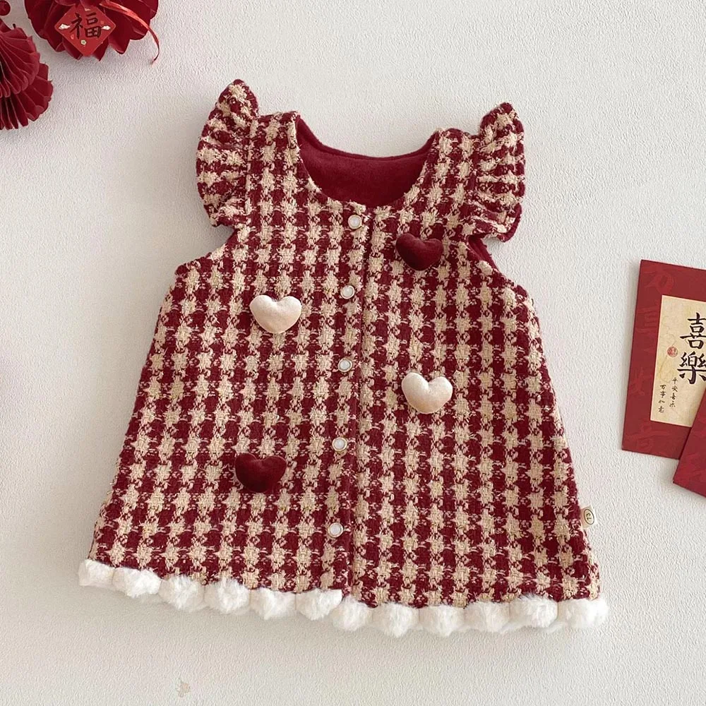 

Китайское новогоднее платье для девочек, клетчатое флисовое платье с летающими рукавами, теплая зимняя детская эксклюзивная одежда, рождественские платья для маленьких девочек