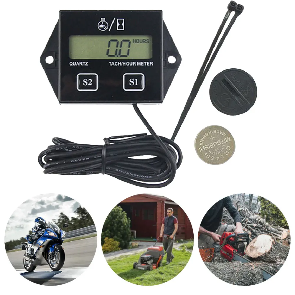 LCD Digital Hour Meter Tach Tachometer for Outboard Motor Lawn Mower Hour Meter for Motorcycle Marine Chainsaw Bike