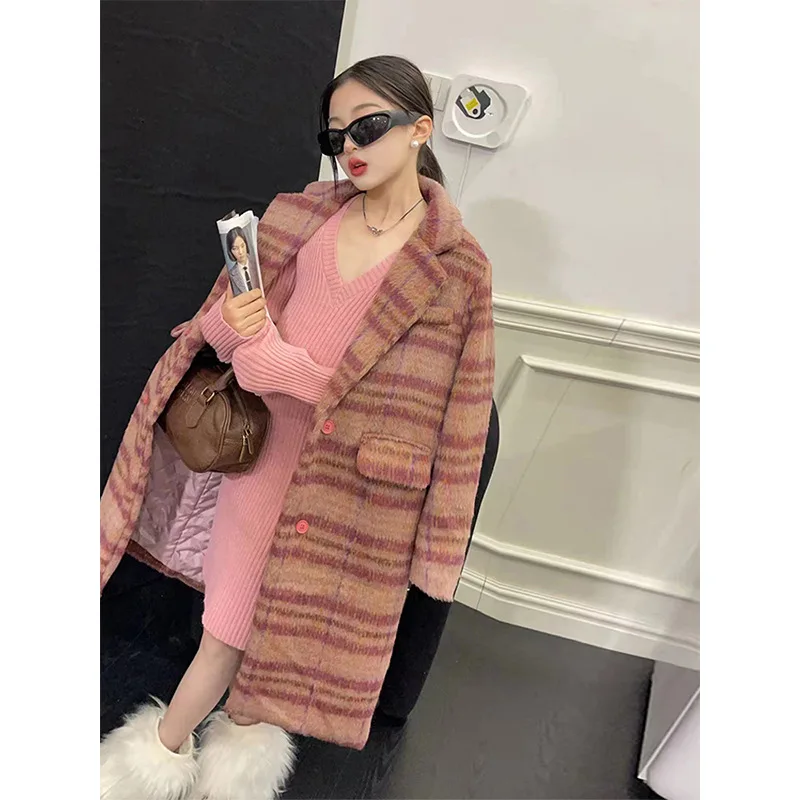 Girls Coat Top Red Plaid Coat 2023 Winter New Childrens Fashion Medium Long High-grade Vintage Woolen Casual Simple Girls Coat