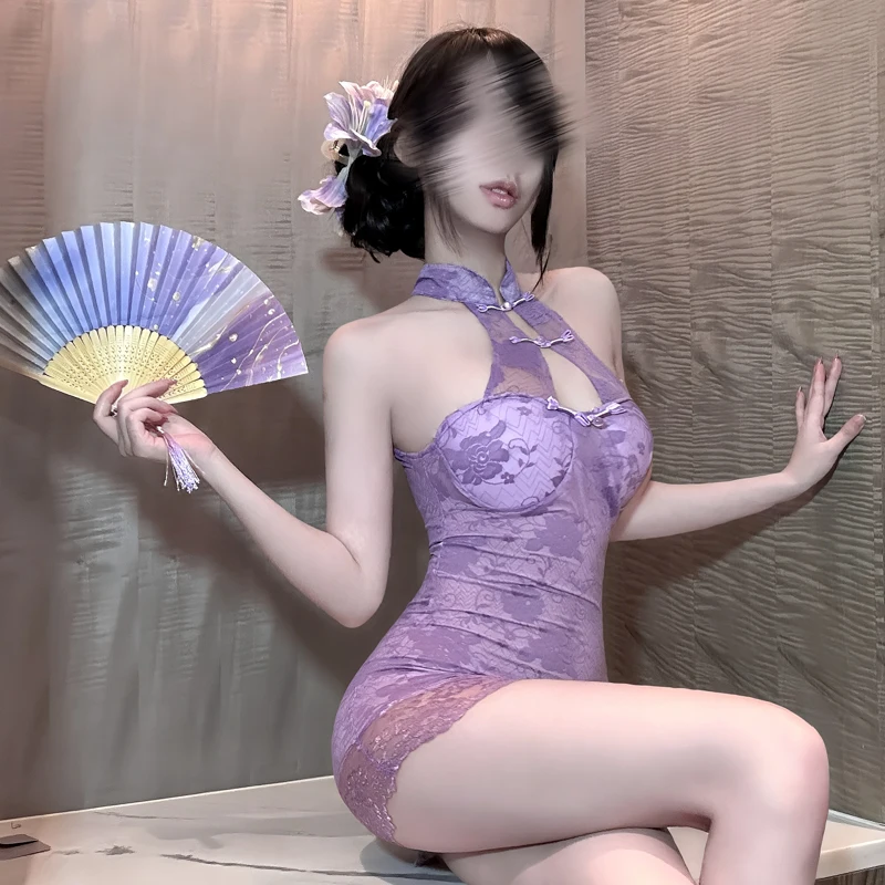 

2026 New Sexy Lingerie New Chinese Style Lace Stand Up Collar Cheongsam Pure Desire Spicy Girl Purple Hanging Neck Dress Elegant