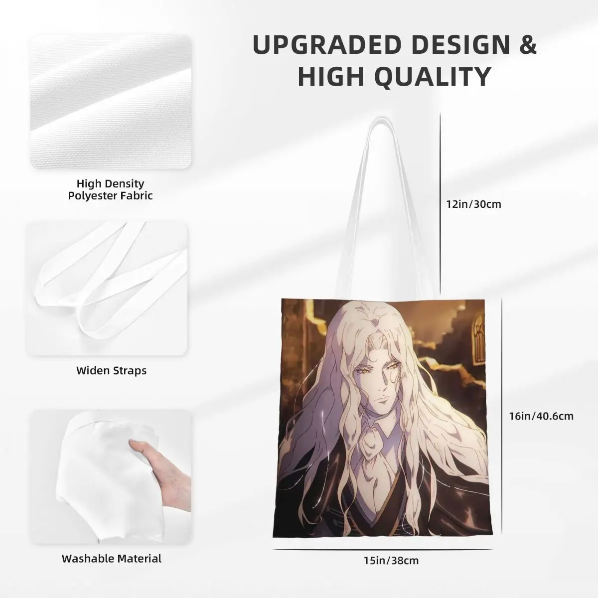 Alucard Castlevania Nocturne Bolsas de compras dobráveis de lona Bolsa tote feminina bolsa de ombro bolsa de viagem