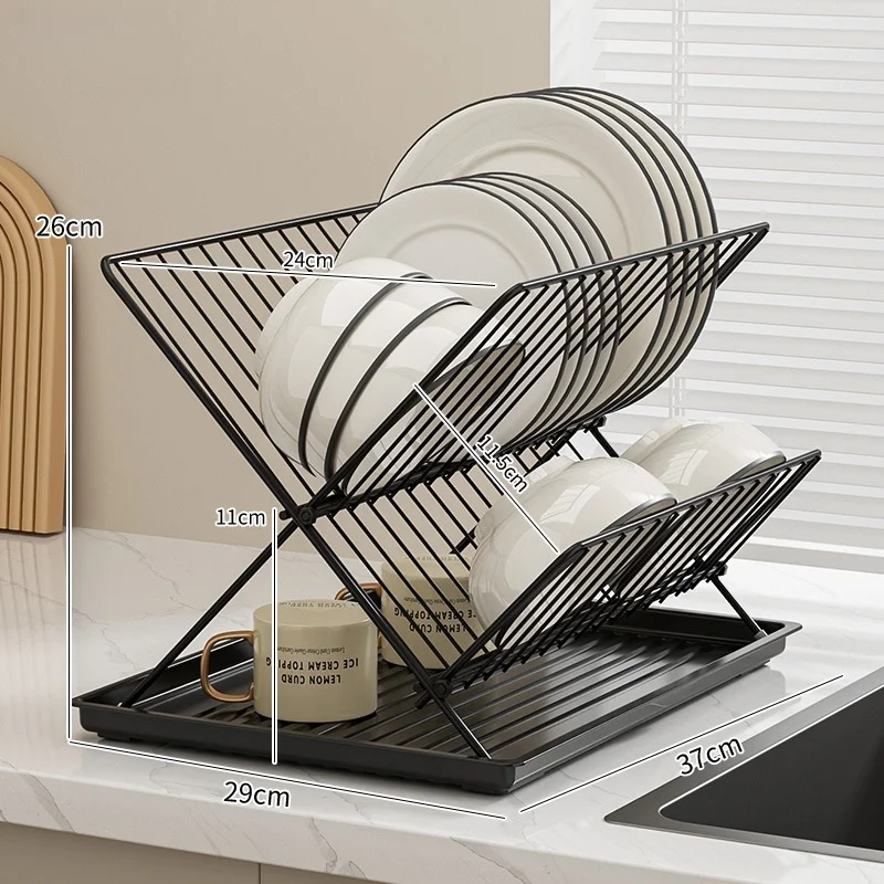 

Foldable Drain Rack Stainless Steel 2 Tier Dish Shelf Plates Cup Holder Countertop Tableware Storage Racks Kitchens Accessories