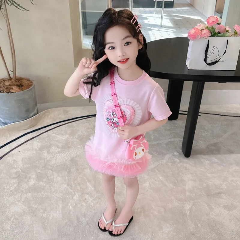 Kawaii Kuromi Girl Dress Sanrio My Melody Cinnamoroll Summer Short Sleeve Cotton Anime Kid Children Clothing Princess Dress