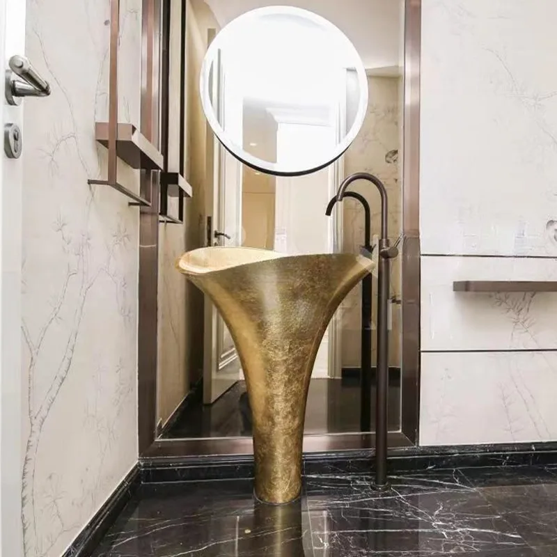 Italian light luxury creative stainless steel sink high-end villa luxury bathroom sink floor column basin