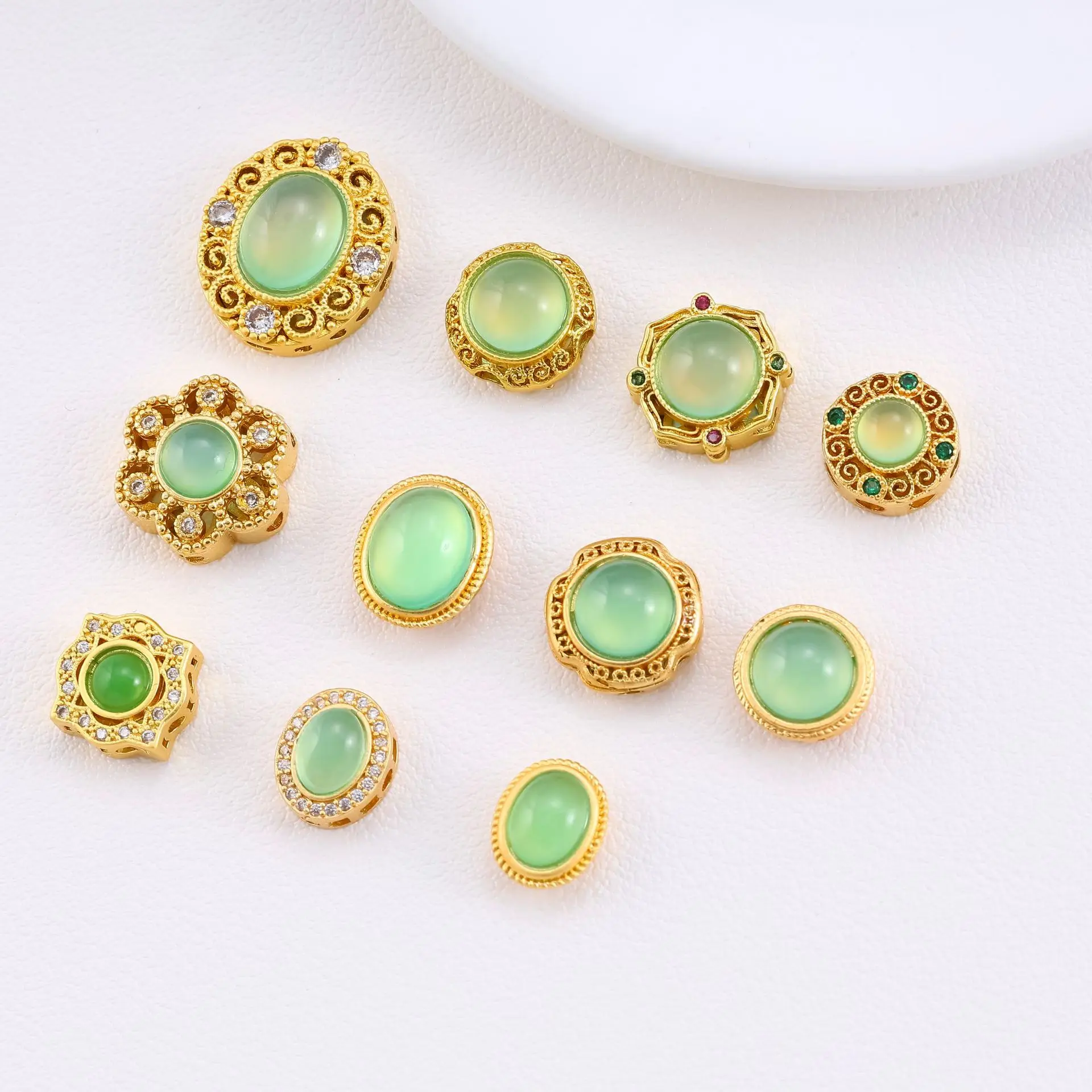 

7pcs DIY Jewelry Accessories Spacer Beads Copper Gold-plated Inlaid Imitation Green Jade Handmade Necklace Bracelet Material