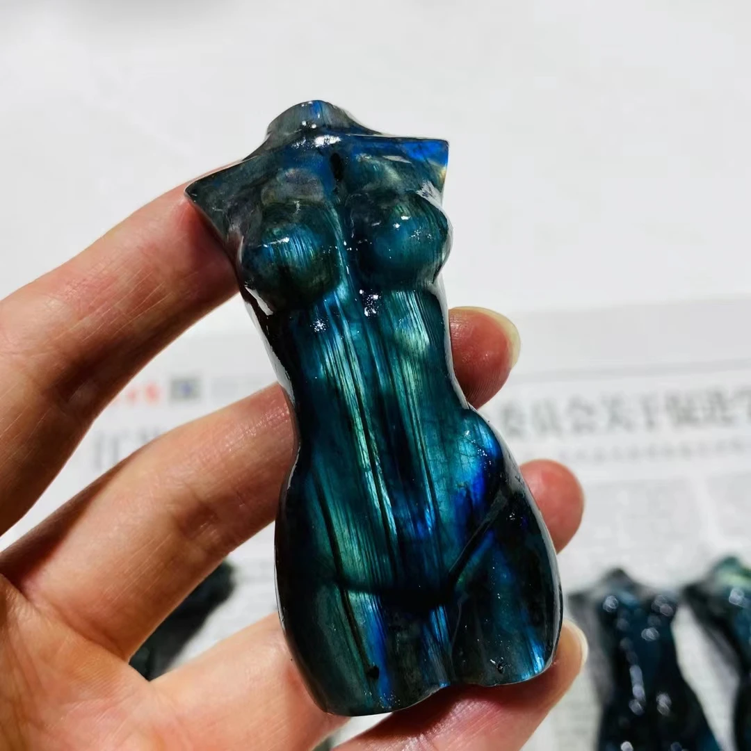 80mm Natural Labradorite Model Statue Handmade Female Body Carved Crafts Figurine Healing Crystal Ornament Room Decor 1pcs