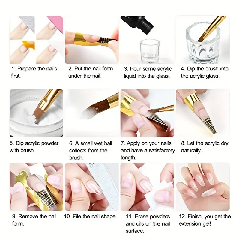 Kit de uñas acrílicas para principiantes con 12 colores de polvo acrílico brillante, que incluye blanco, transparente y rosa.