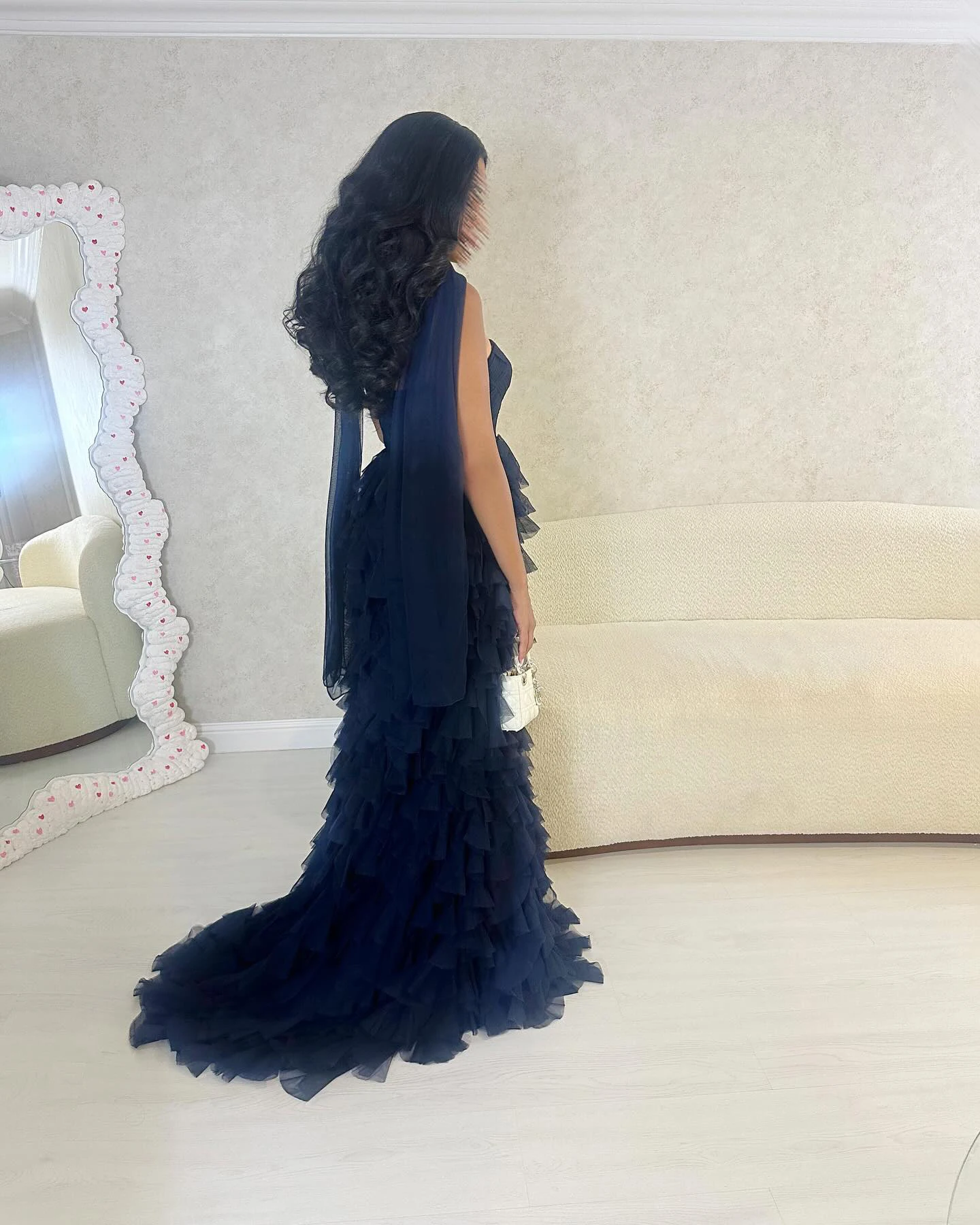 Sharon Said Elegante abito da sera a sirena blu navy con volant sciarpa Abiti da festa di nozze da donna modesti SF233 personalizzati