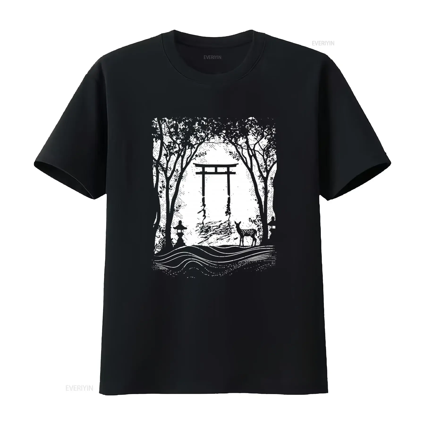 Japanese Style T Shirt with Floating Torii Gate Japan Shinto Shrine Deer Miyajima Nature Print for Men in Various Sizes