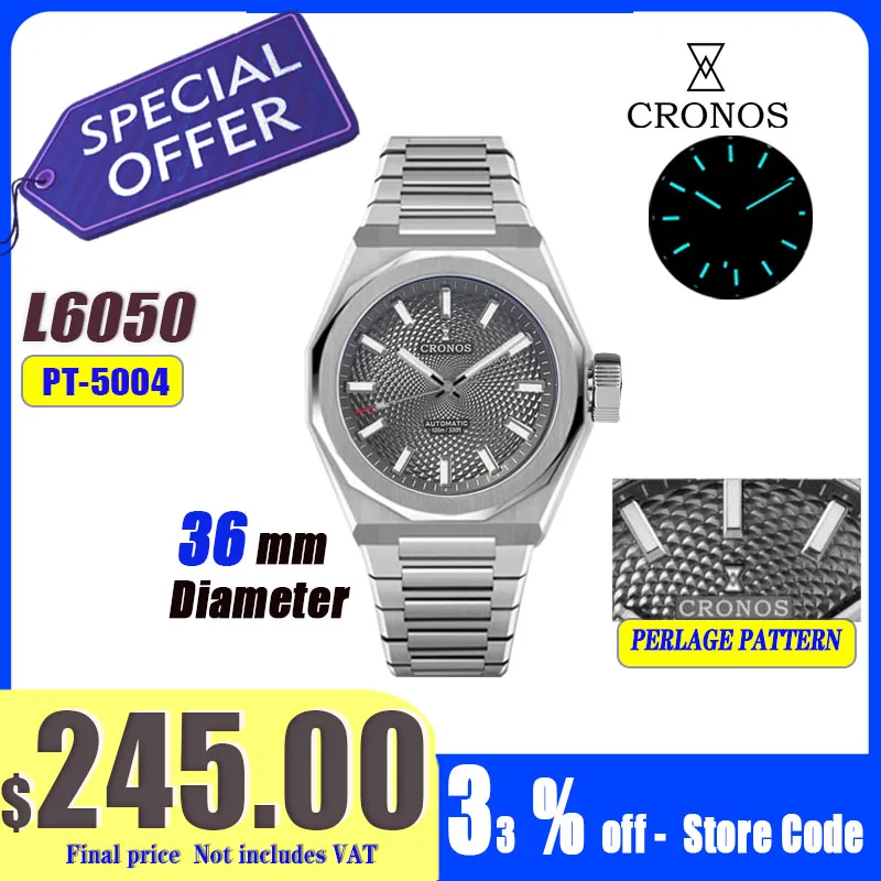 Cronos Luxury Men Watch 36mm Automatic PT5004 Miyota 90S5 Wristwatches Sapphire 10ATM See-through Case Back L6050 Reloj Hombre