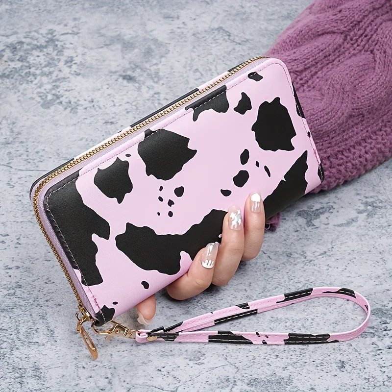 

Cow Pattern Long Wallet, Multi-Functional Zippered Clutch, Fashion Mobile Phone Bag Coin Purse With Wristlet Strap