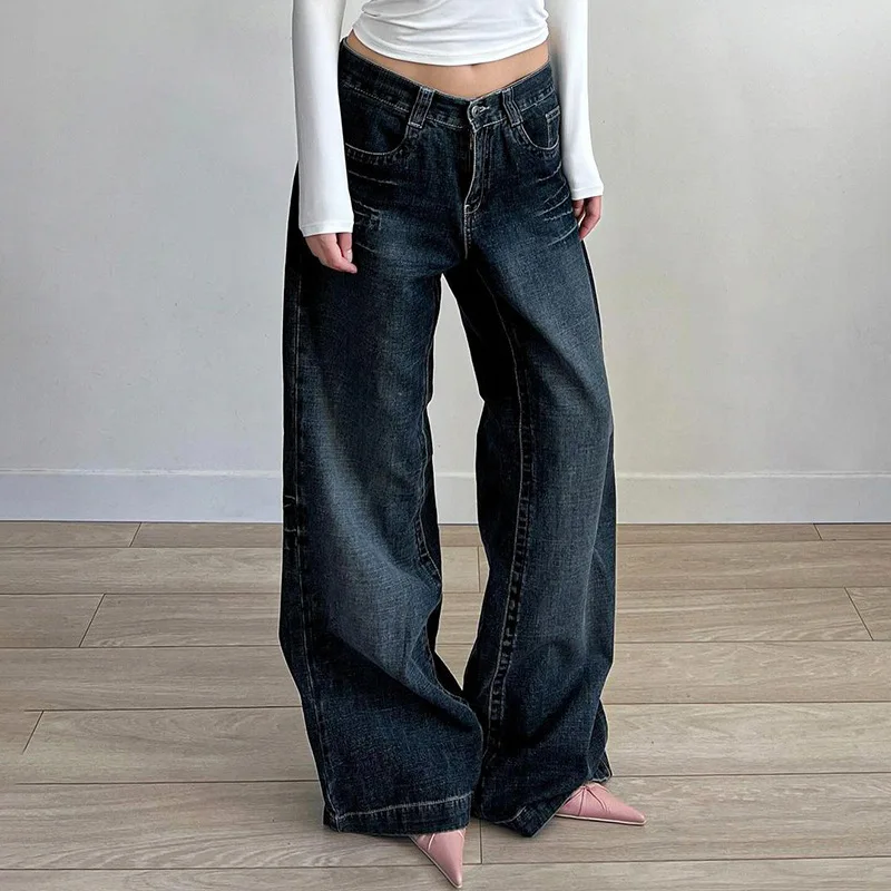 

Low Waist Straight Leg Loose Fit Jeans Versatile Classic Waed Denim Pants Simple Casual Sle for Women Deep Color