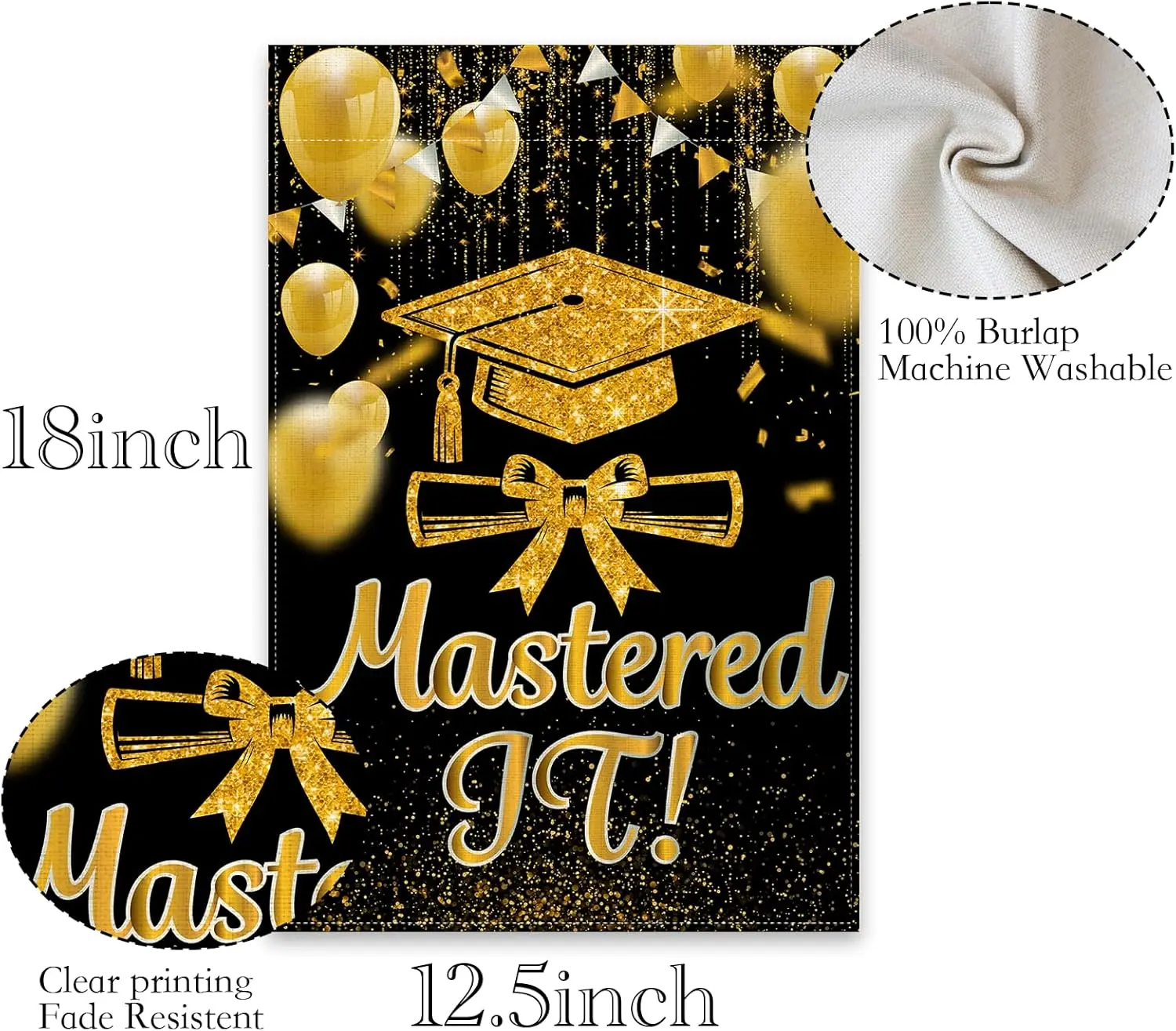Black Gold Mastered It Garden Flag Burlap Double Sided, Diploma Cap Graduation Party Small Flags Yard Outdoor Decoration for SSL