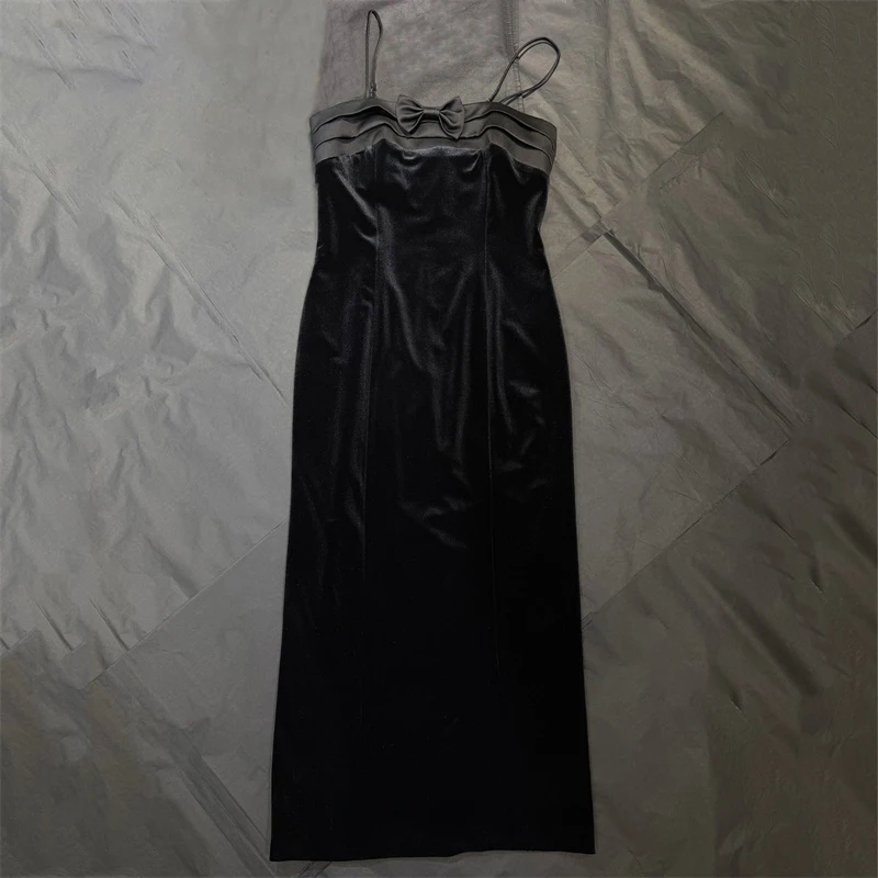 

Женское платье: Новинка весны 2026, атласное платье без рукавов с пэчворком, бархатное облегающее платье на бретельках, длинное платье с бантом, вечернее платье