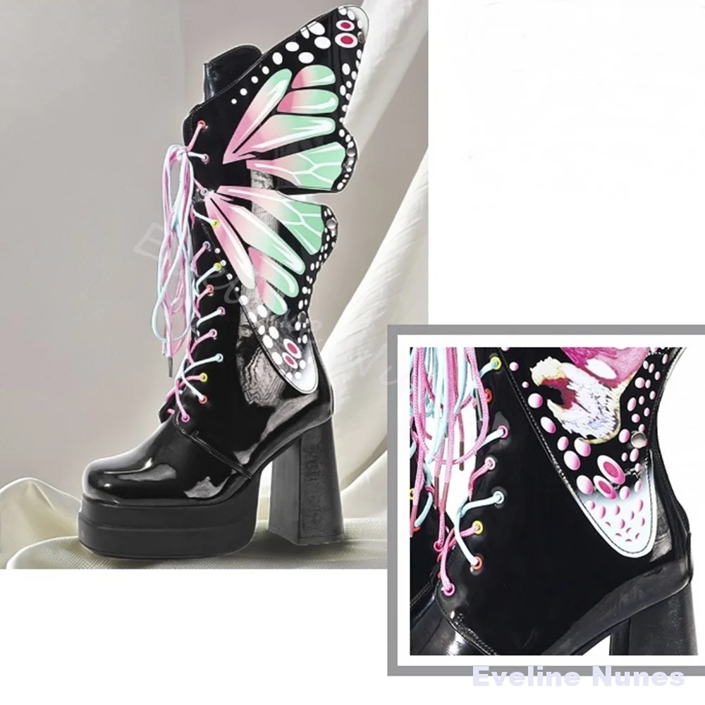 Colorful Butterfly Knee High Platform Boots Women Patent Leather Chunky Heel Boots Y2K Gothic Rave Festival Party Cosplay Boots