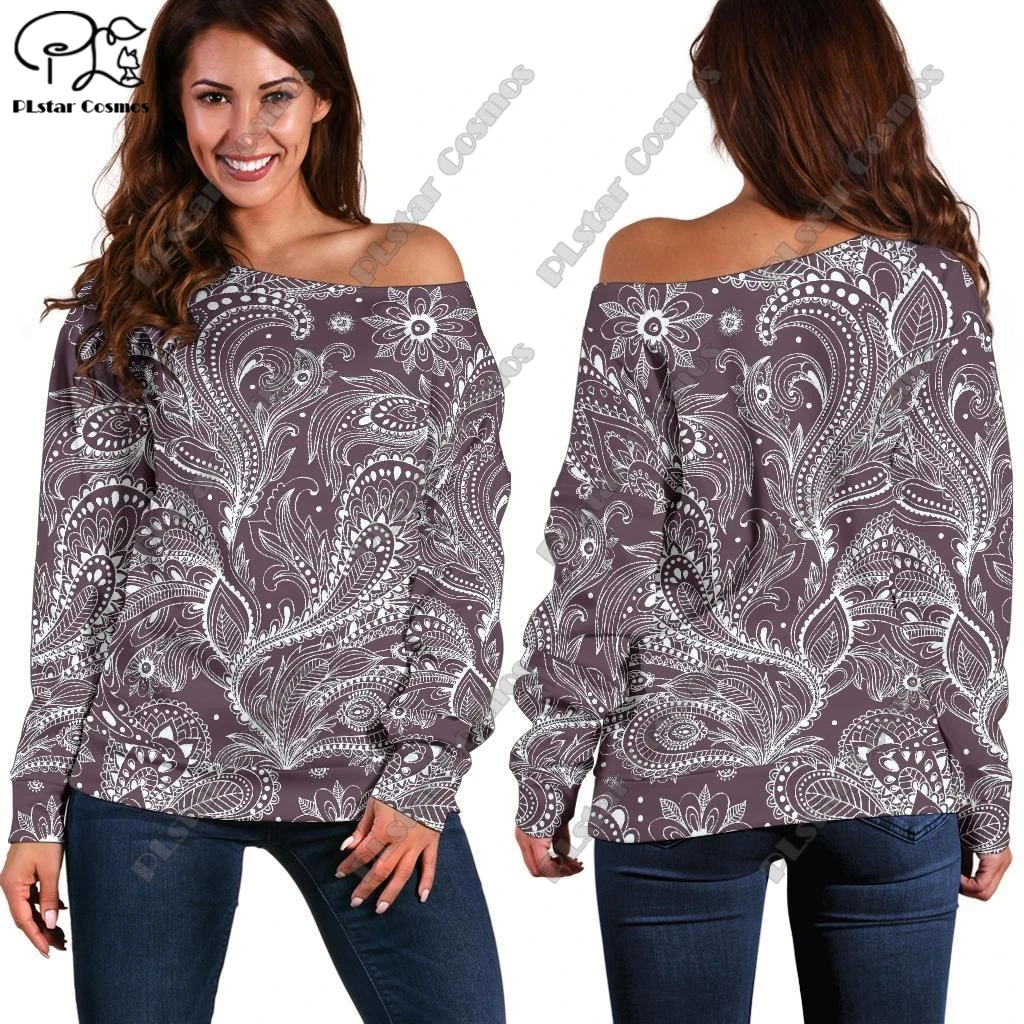 3D printing retro series retro geometric print pattern women's long-sleeved off-shoulder sweatshirt casual long-sleeved F-6