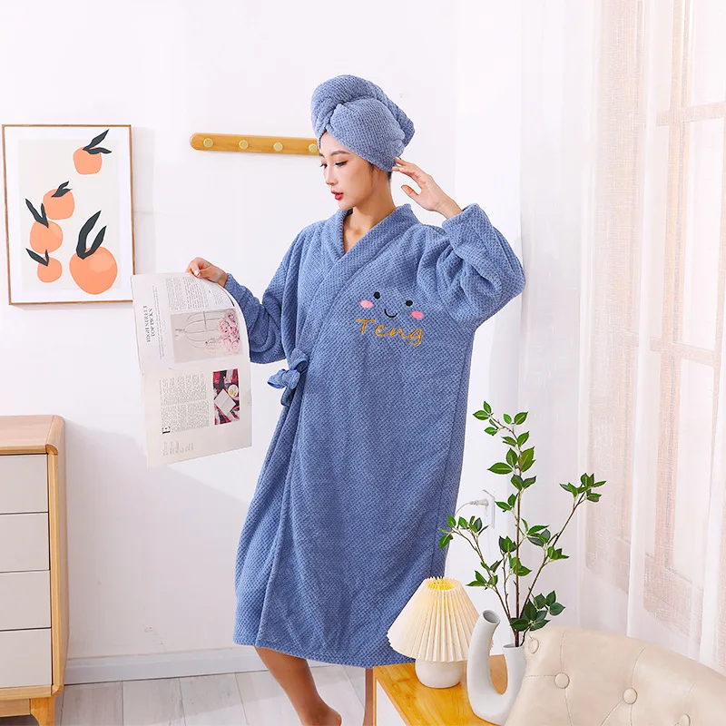 Winter Thickened Coral Fleece Robe Women's Towel Bathrobe with Cross Belt Long Sleeve Hair Drying Cap Home Comfortable Gown