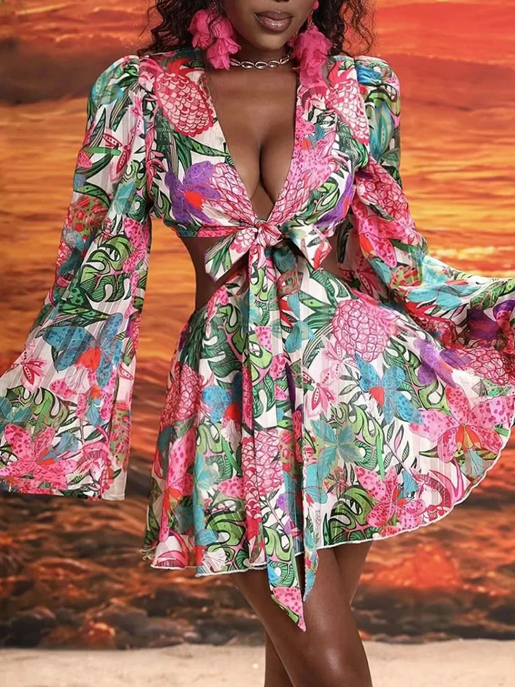 

Sexy Floral Print Two Piece Skirt Set for Women Matching Sets Flare Sleeve V-neck Crop Tops and Mini Skirts Summer Beach Outfits