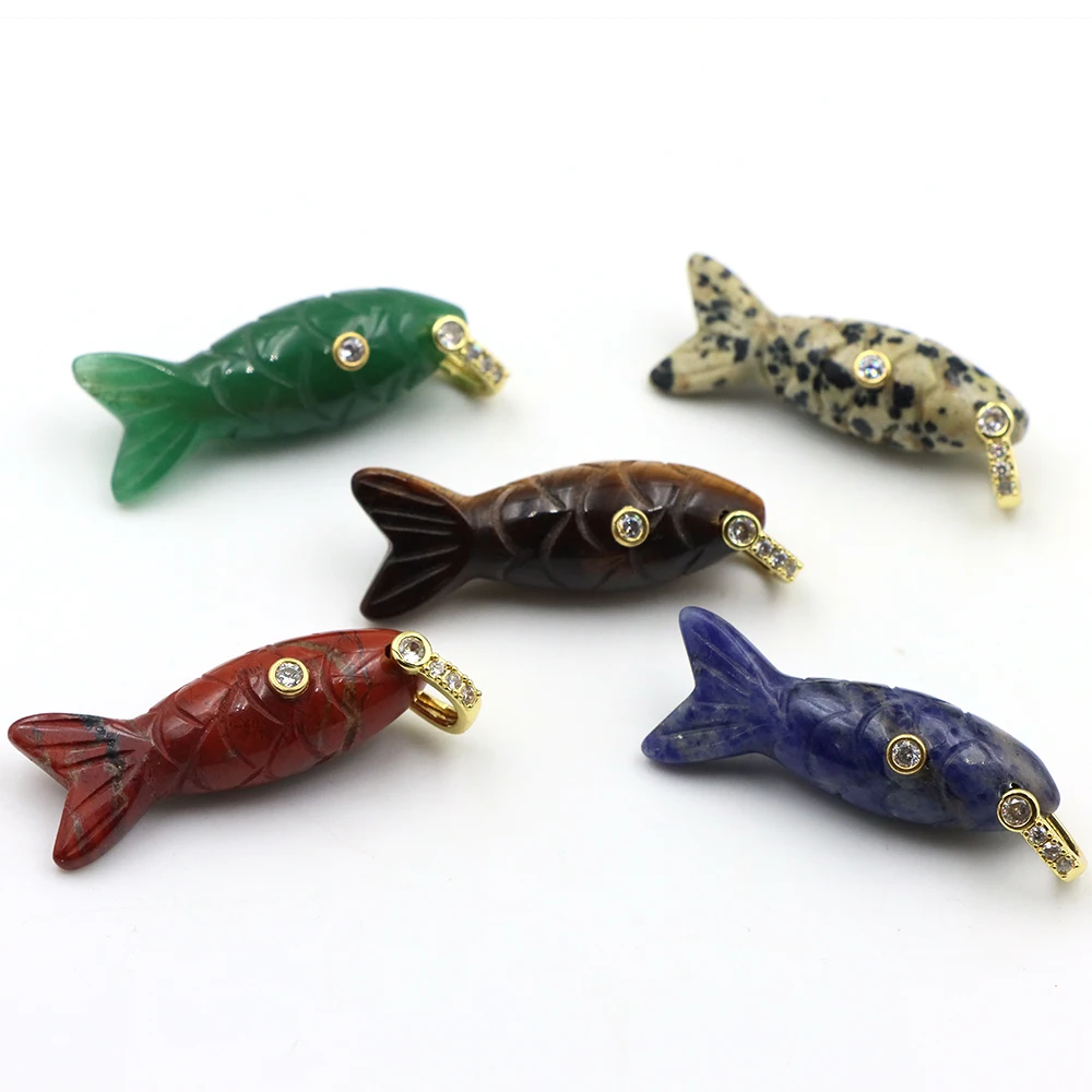 40mm Natural Stone Healing Crystal Fish Pendant White Zircon Gold Plated Bail Charm for DIY Necklace Jewelry Making Accessories