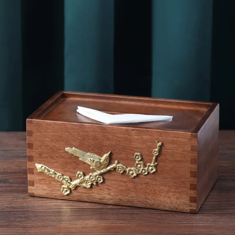 

Decorative paper drawer living room napkin box creative luxury brass bird retro black walnut solid wood tissue box.