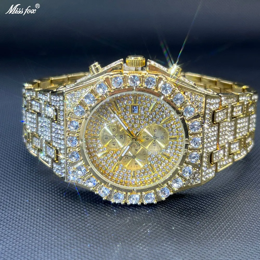 

2026 New Hip Hop Diamond Watches For Men Fashion Automatic Date Quartz Clock Dress Jewelry Wristwatch Man For Gift Hot Sale