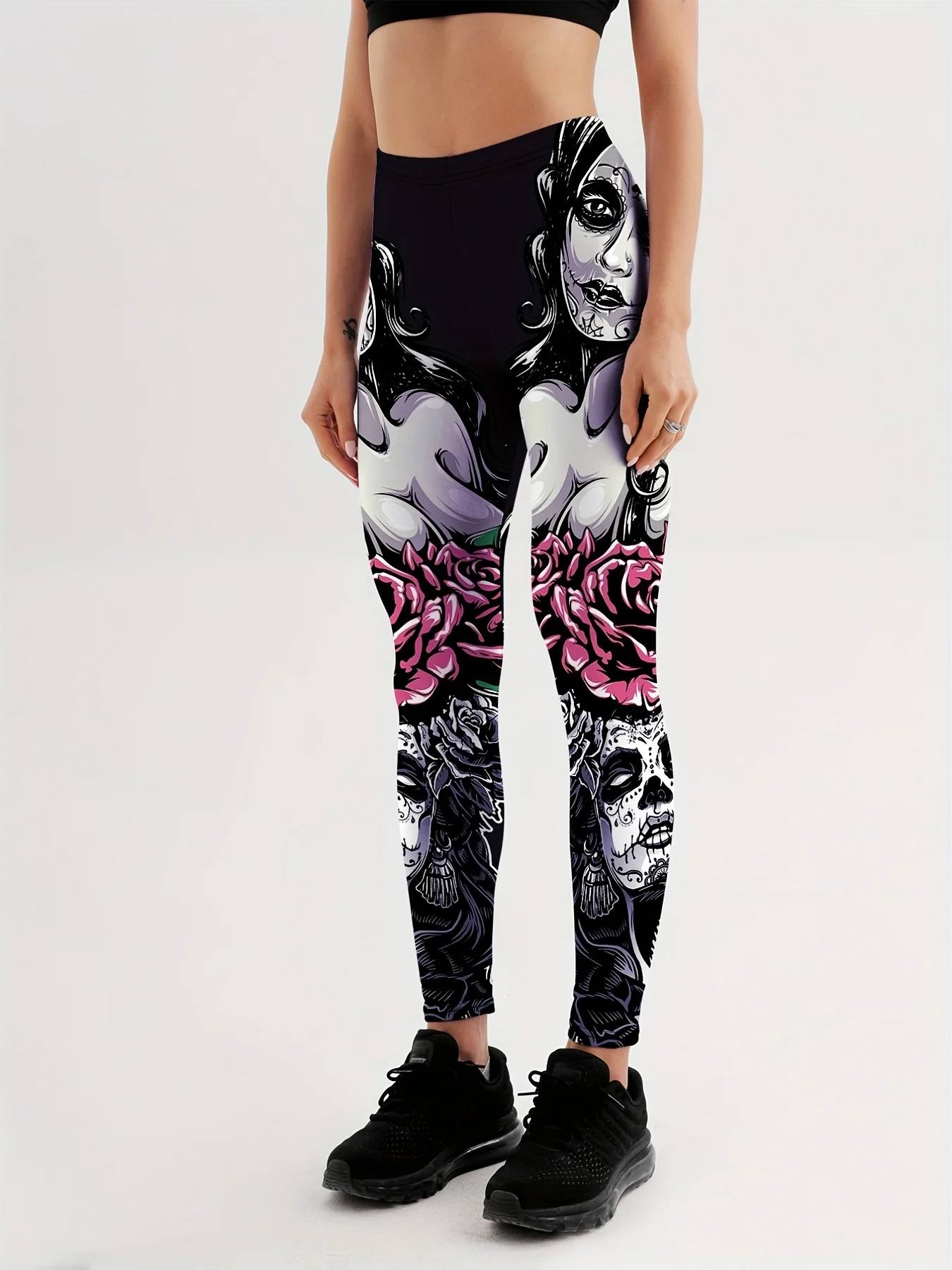 Qickitout New Arrival Women Leggings Sexy Girl With Roses Printed Leggings Gothic Fitness Workout Leggings Mid Waist Pants S-4XL