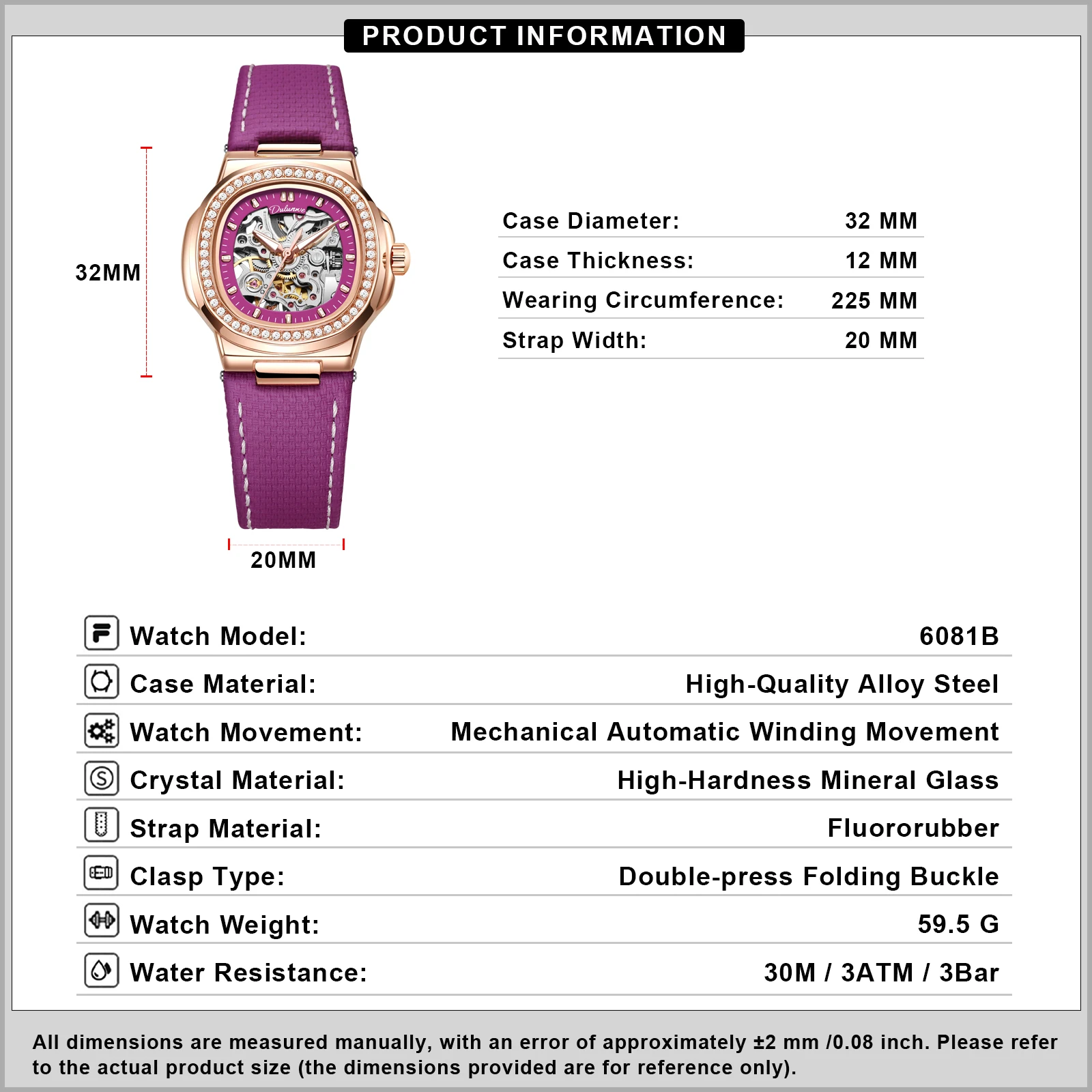 Dulunwe Luxury Brand Women'S Watch Automatic Skeleton Mechanical Watch Stainless Steel Waterproof Retro Submariner Watch