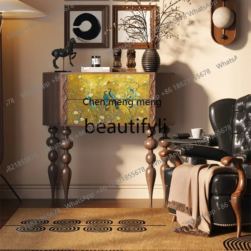 

G New retro flower carved edge cabinet walnut multi-layer living room sofa flower and bird decorative cabinet