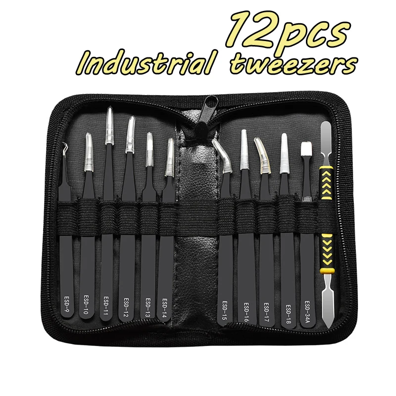 Precision Tweezers 12Pcs/Set ESD Anti-static Stainless Steel Elbow Straight With Bag Repair Maintenance Tool Industrial Tweezers