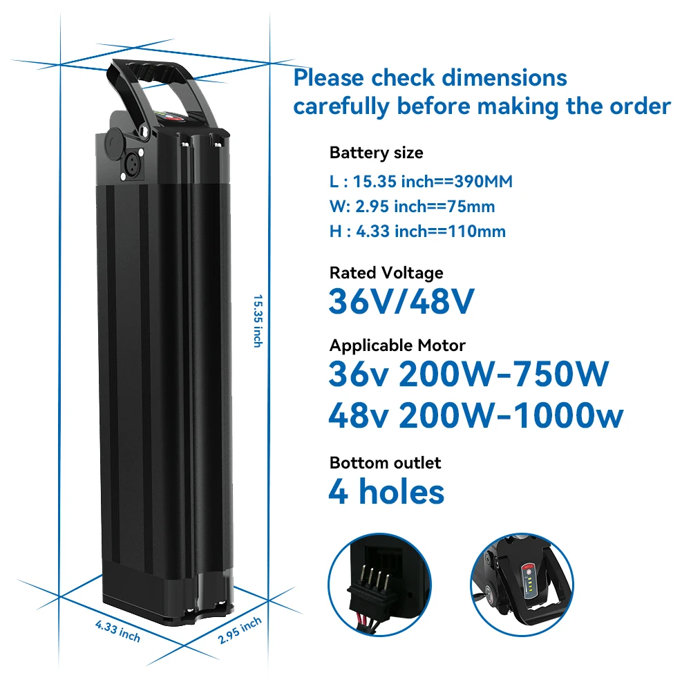 36V 48V Silver Fish Battery 13AH 15AH 18AH Electric Battery For 1000W 750W 500W Motor Bike conversion kit Electric Bicycle