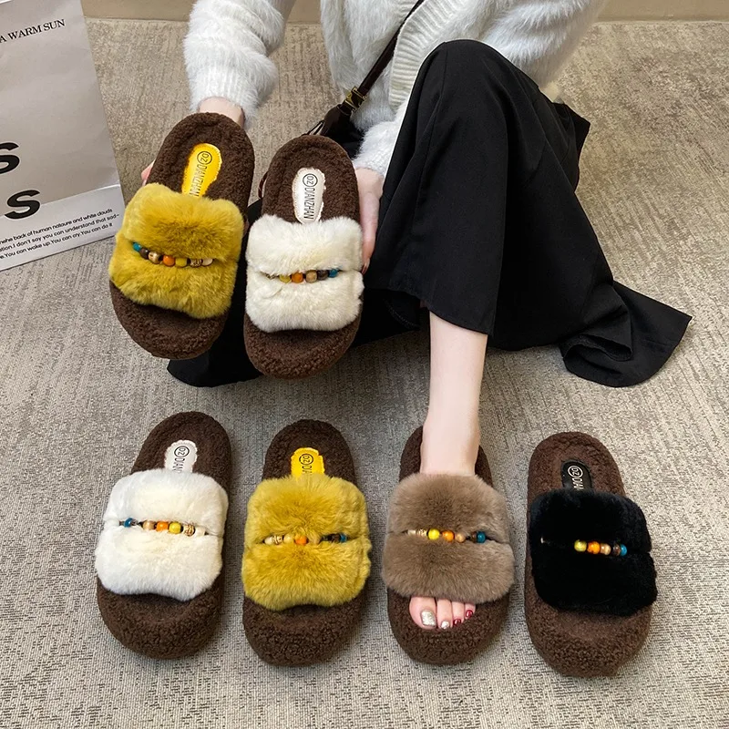 2026 Winter New Plush Warm Comfort House Cotton Slippers for Women Fashionable Beading Design Comfortable Casual Women's Shoes