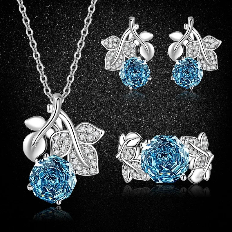 S925 Sterling Silver 3Piece Set, Blue Cubic Zirconia Millennium Rose Cut Ring Earrings Pendant